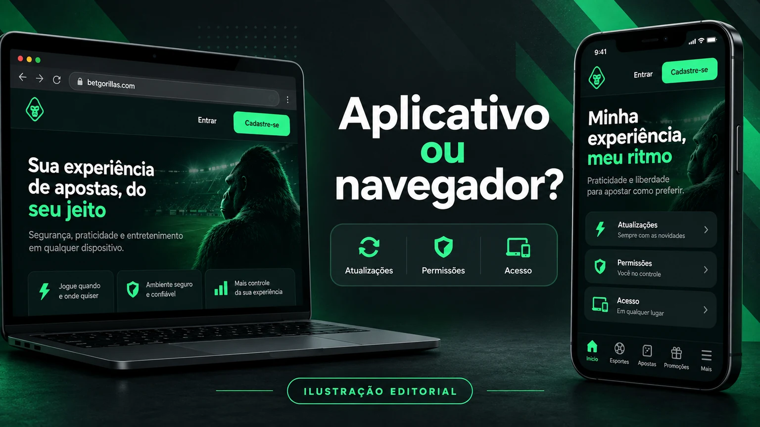 Comparação editorial entre navegador móvel e possível aplicativo BetGorillas